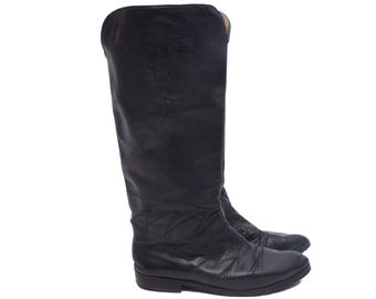 Bottes hautes italiennes en cuir noir vintage des années 80 avec design de flammes - Taille 37 EU
