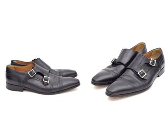 Vintage 90's Men's Italian Handmade Pointy Toe Black Leather Loafer Double Buckle Shoes