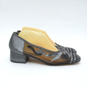 Vintage 90er Silber Grau und Schwarz Mesh Chunky Heel Schuhe - Größe: 41 EU / 10.5 US / 8.5 UK
