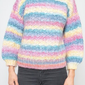 Pastel Rainbow Sweater / Vintage 90s Crochet Colorful Oversized Pullover Size Small image 9