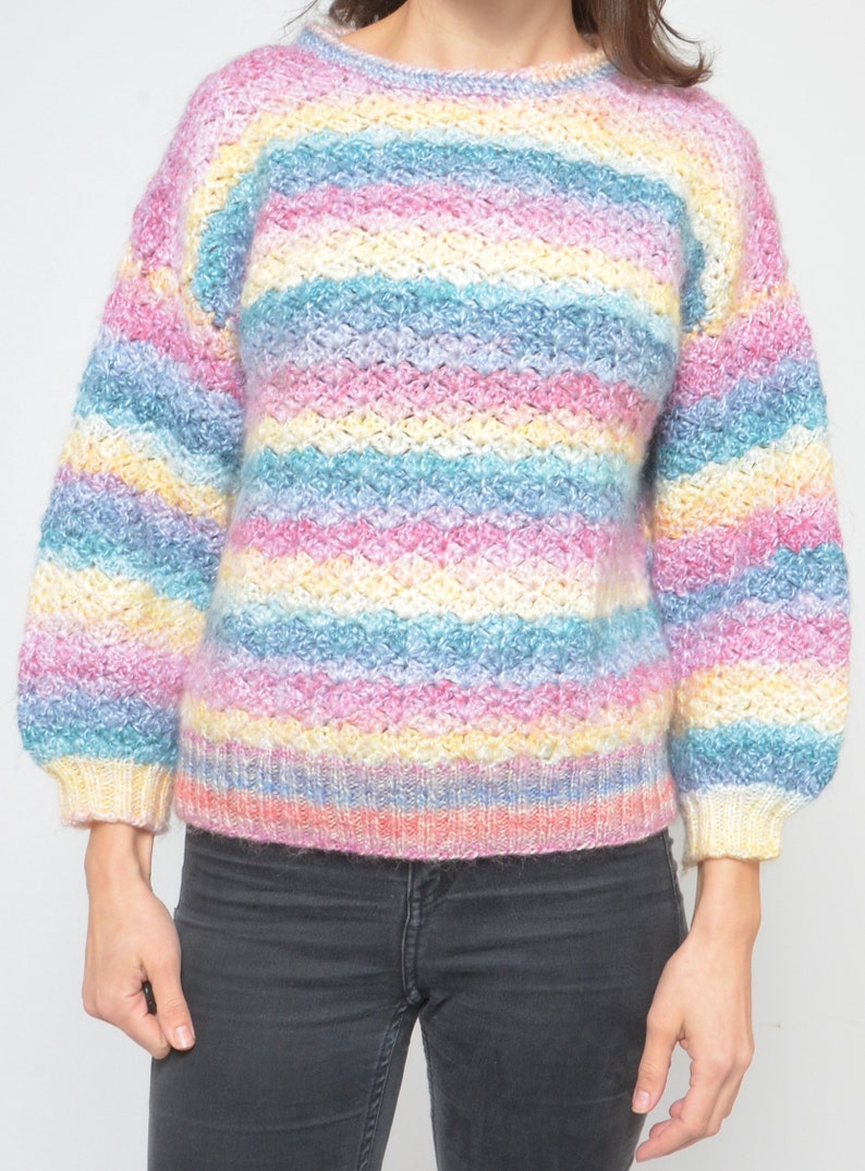 Pastel Rainbow Sweater / Vintage 90s Crochet Colorful Oversized Pullover Size Small image 9