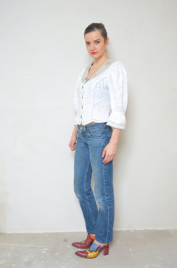 Linen Folk Blouse / Vintage 90s Puffy Big Sleeve … - image 6