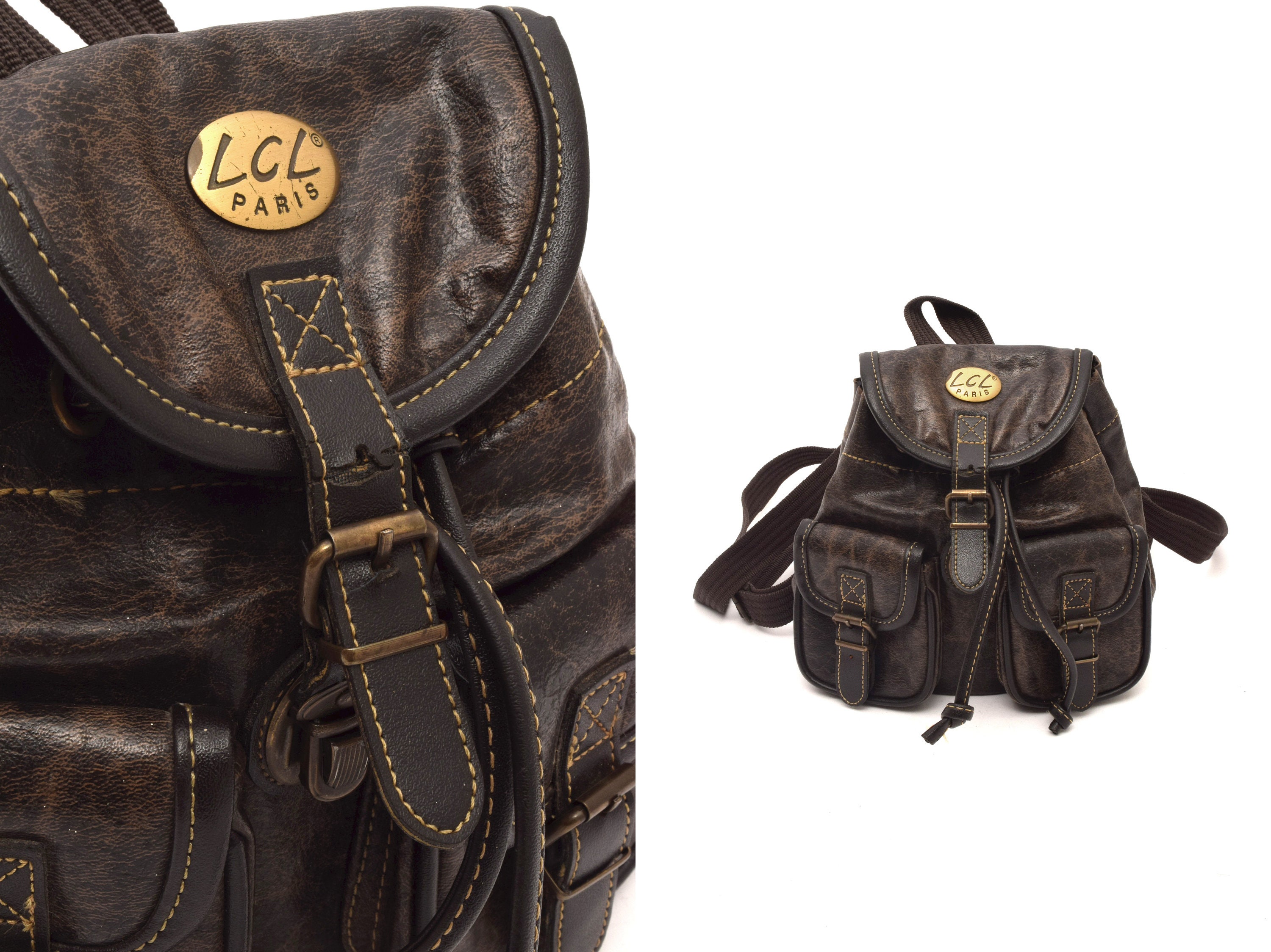 90s Vintage Backpack CAREN Design Black Mini Bag Small size Faux