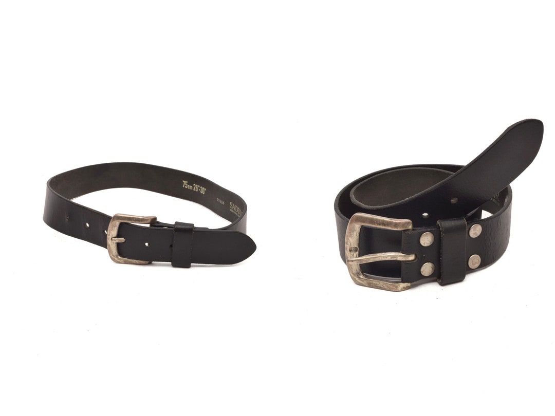 Vintage 90's Black Leather Belt With Silver Metal Buckle - Etsy