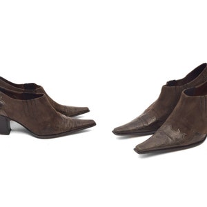 Vintage 90s Western Style Real Leather Pumps / Pointy Toe Reptile Skin Embellished Ankle Boots - Size 39 EU