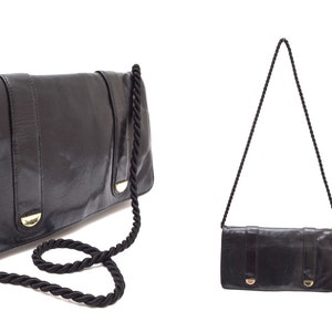 Vintage kleine schwarze Leder Umhängetasche Geldbörse mit langem geflochtenem Riemen