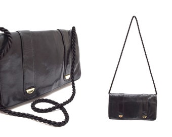 Vintage Small Black Leather Shoulder Bag Purse with Long Braided Strap