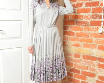 Vintage Hermann Lange Pleated Midi Dress L XL Grey Floral 80s Belted Dress