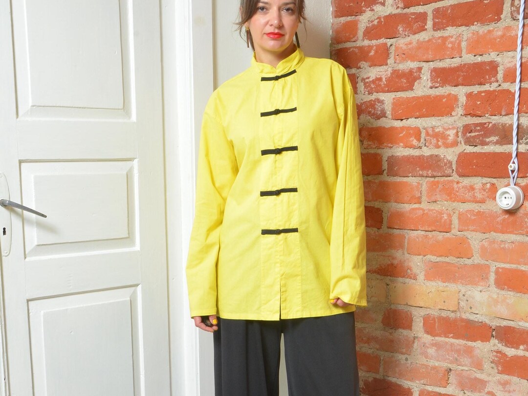 Vintage Yellow Kung Fu Style Jacket With Black Dragon Print – Size