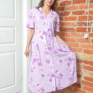 Vintage 90s Lilac Floral Viscose Button-Down Dress – Size Large