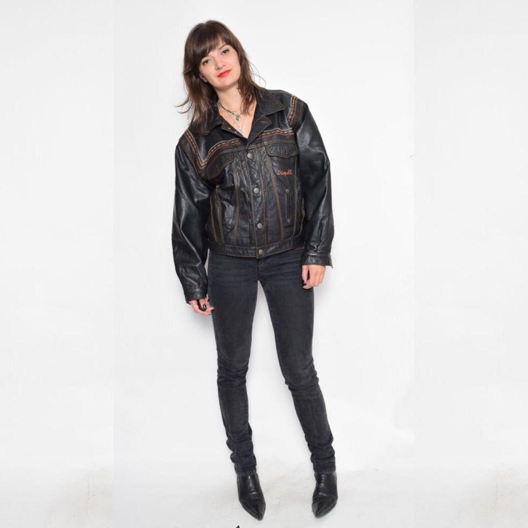 Vintage 90s Black Leather Jacket: Embroidered Genuine Leather