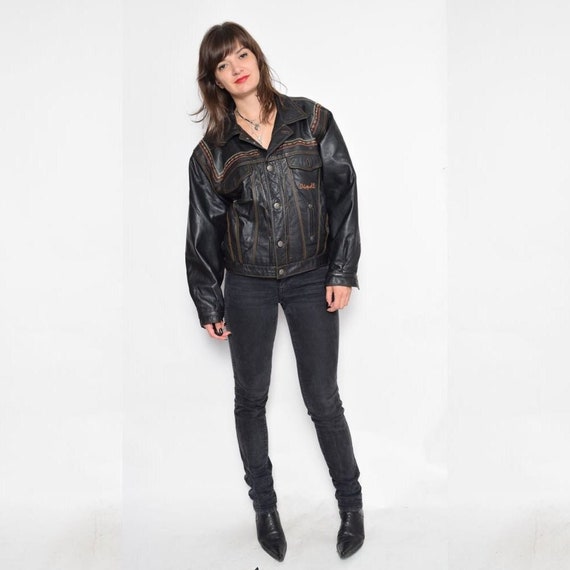 Vintage 90s Black Leather Jacket: Embroidered Genuine Leather
