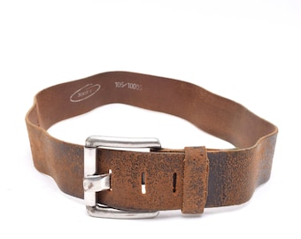Vintage 90's Brown Distressed Leather Belt with Large Square Silver Metal Buckle