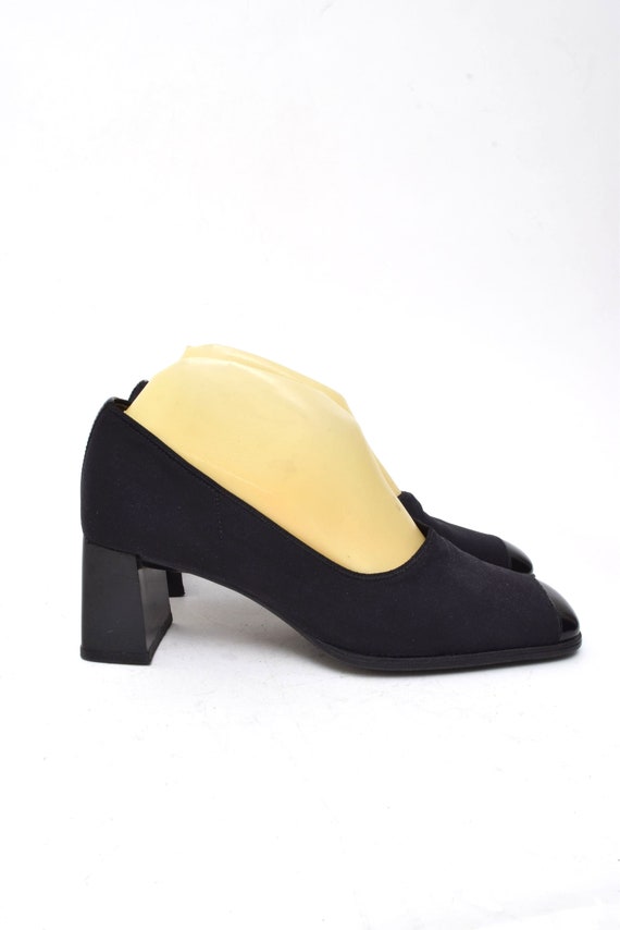 Vintage 90s Black Fabric Chunky Heel Pumps with S… - image 2