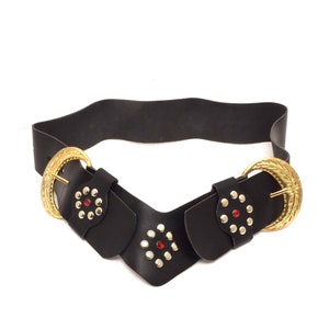 Vintage 80&#39;s Stud Wide Real Leather Belt with Double Buckle
