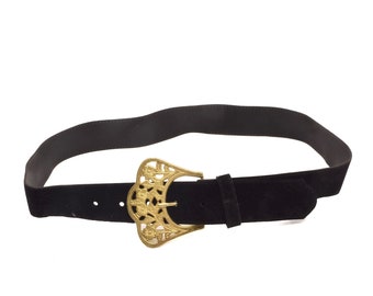 80s Black & Gold Fan Petal Belt Buckle, Floral Glam Buckle  display picture 1
