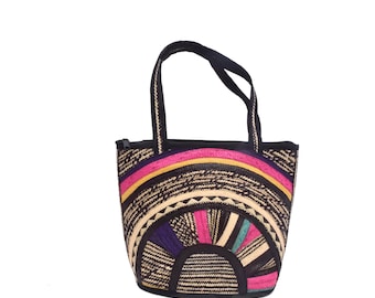 Vintage 90er Jahre Ulti Color Woven Naturstroh Material Handtasche Geldbörse