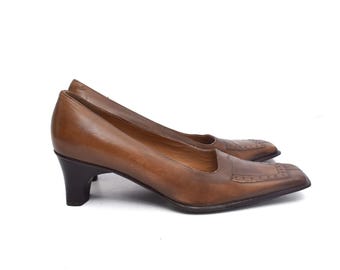 Vintage Italiaanse leren hakken: schoenen met vierkante neus en lage hak, EU maat 41
