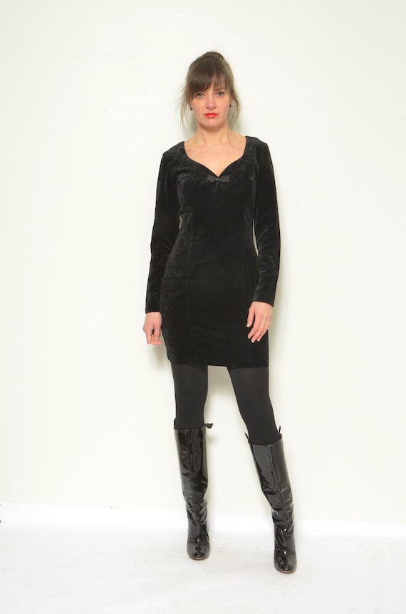 Vintage 80s Black Velvet Mini Dress: Long Sleeve Party Dress, Size Medium Vintage 80s Black Velvet Mini Dress: Long Sleeve Party Dress, Size Medium