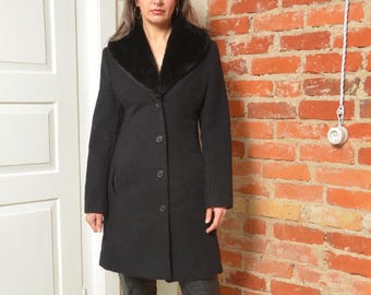 Black 90s Wool Blend Coat with Detachable Faux Fur Collar – Small