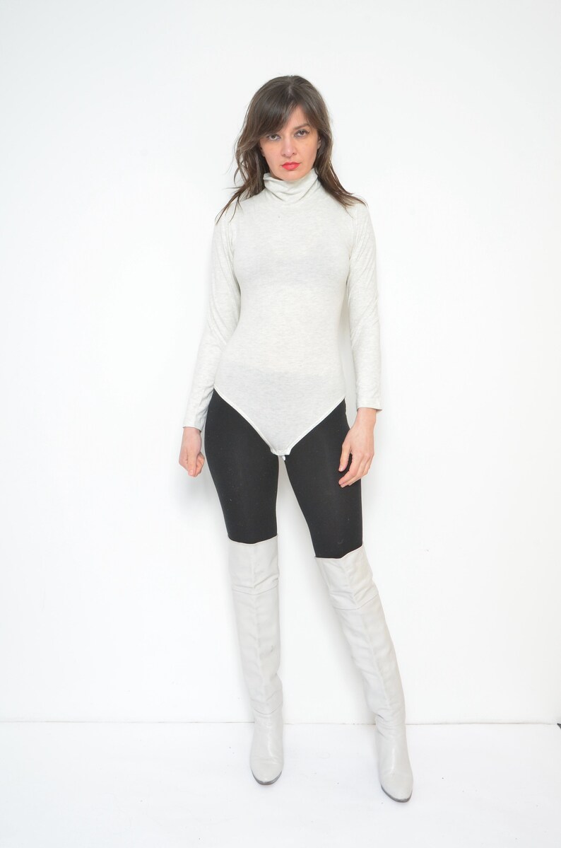 Vintage 90s Turtleneck Leotard / High Neck Gray Long Sleeve Bodysuit / Sports Top image 6