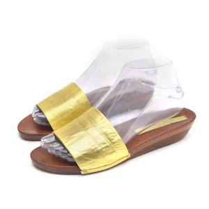 Vintage 90er Gold Leder und Holz Slipper Sandalen Sommer Schuhe mit Gummisohlen 07 20