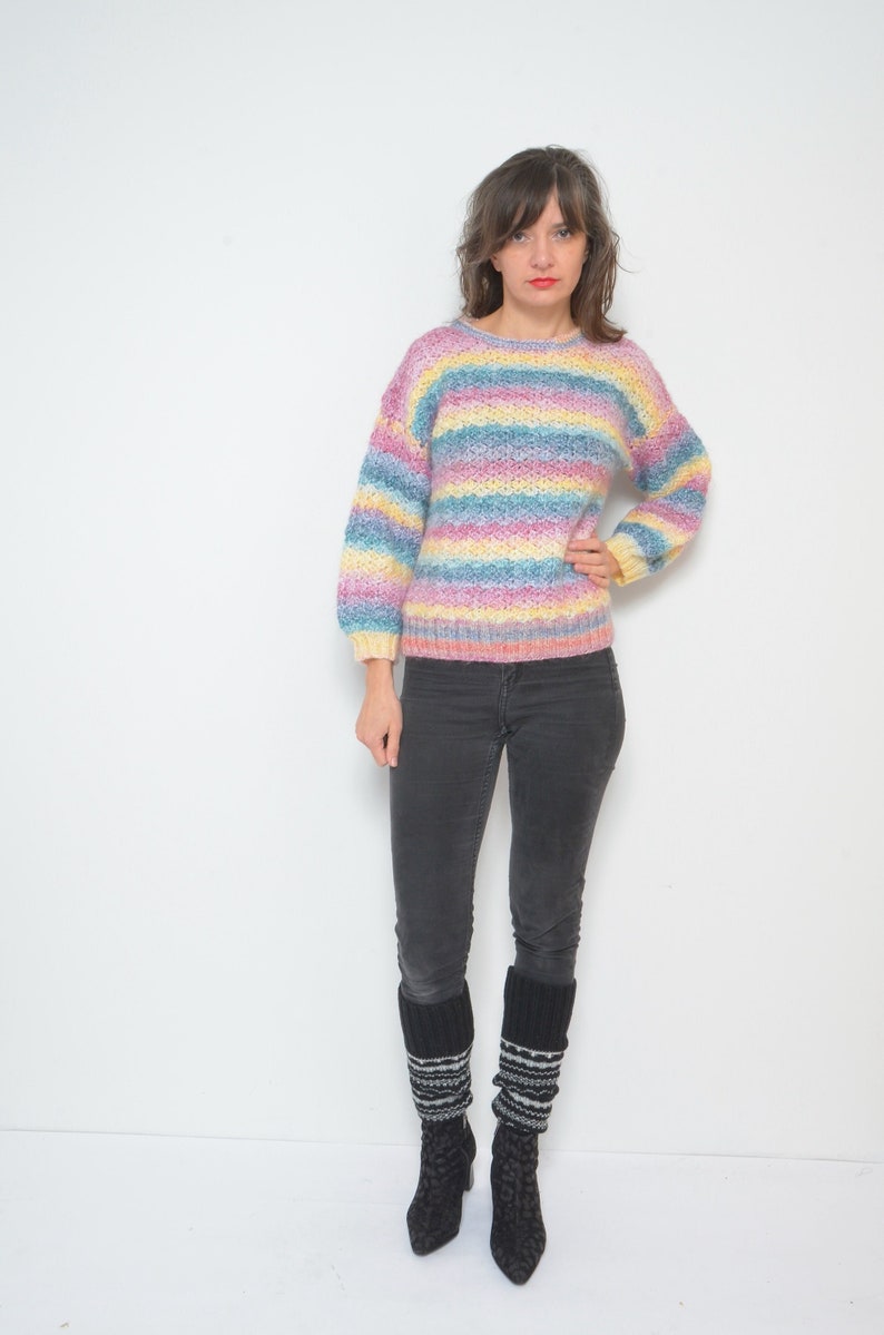 Pastel Rainbow Sweater / Vintage 90s Crochet Colorful Oversized Pullover Size Small image 1