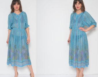 Vintage Floral Sheer Dress / 80s See Through Long Sleeve Striped Elastic Waist Summer Sundress - Size Small