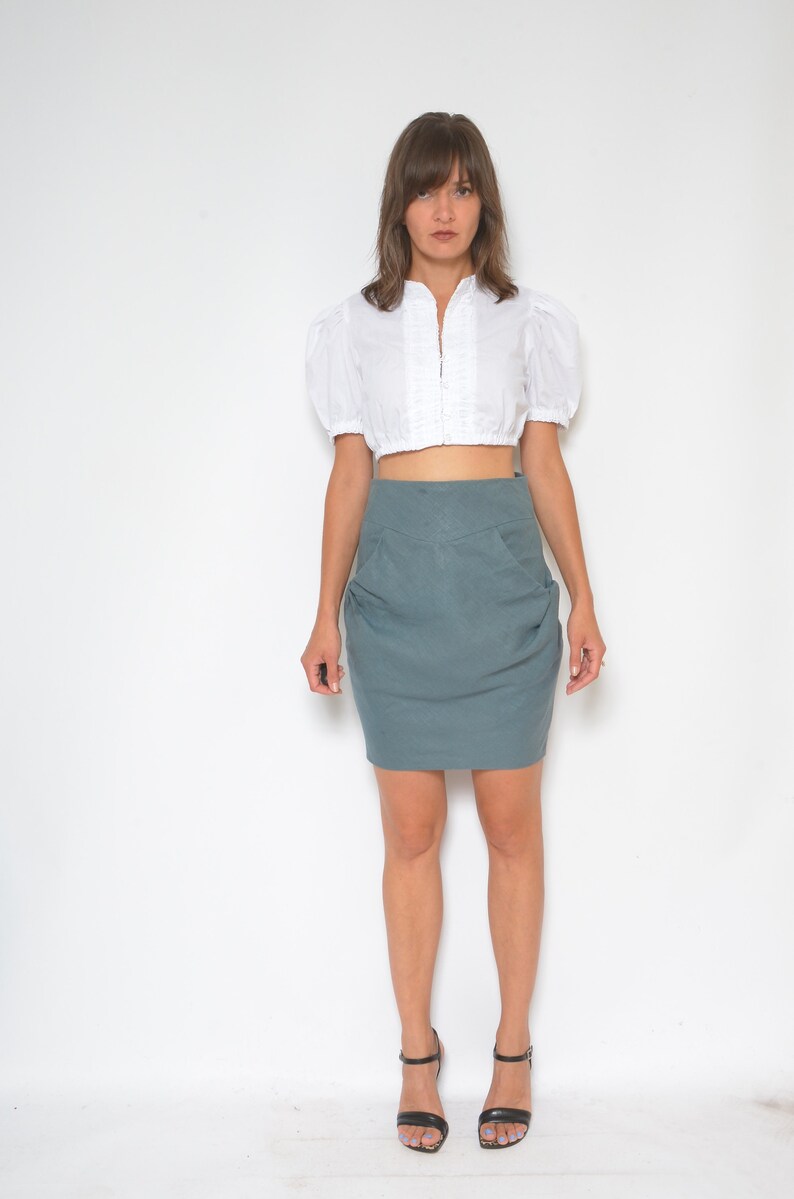 Linen Pocket Skirt / Vintage 90s High Waist Gray Shor Mini Skirt Size Small image 4