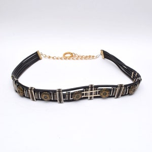 Vintage 90&#39;s Black Leather Belt with Gold Chain and Metal Ornaments