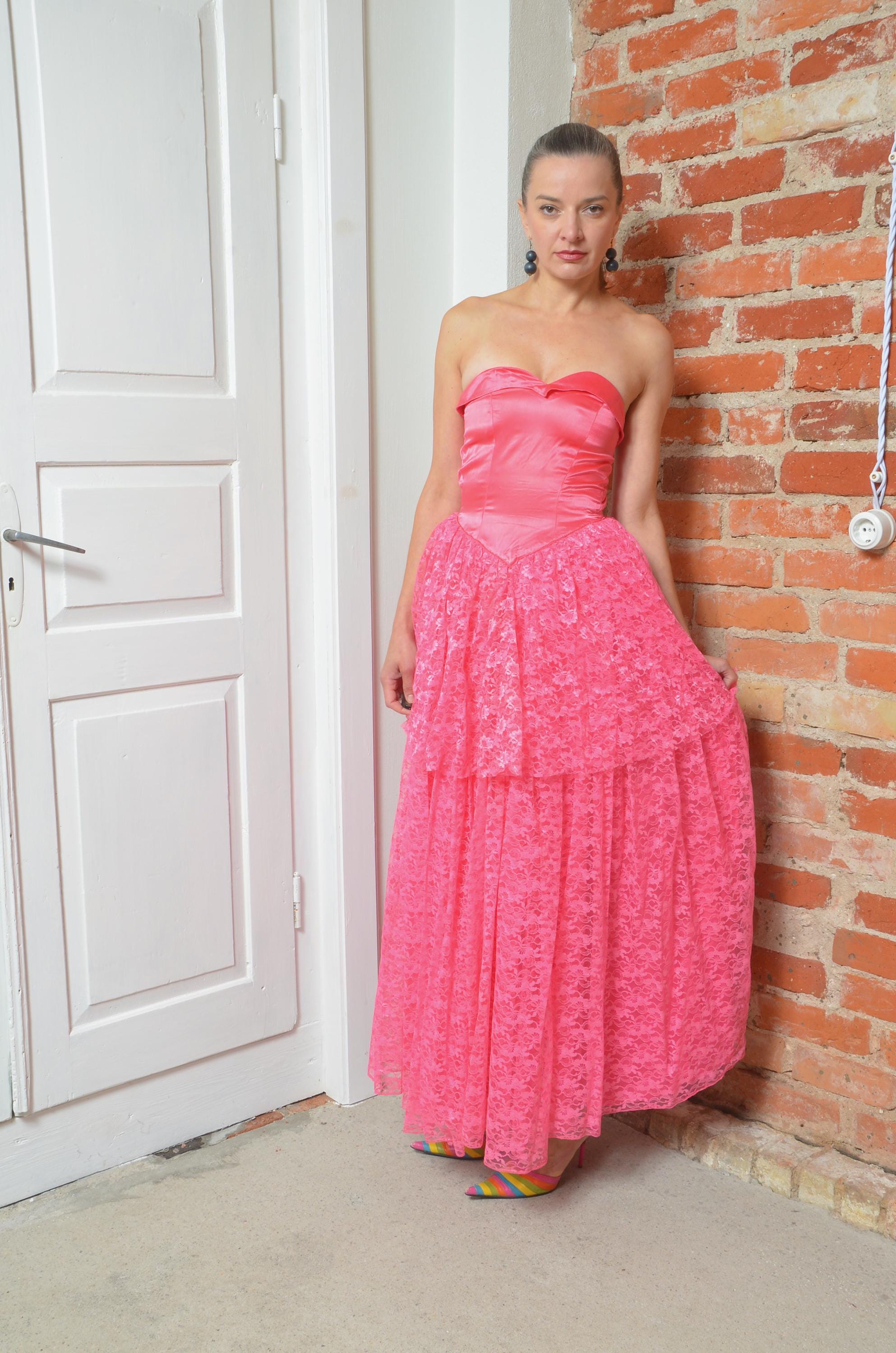Vintage 80s Hot Pink Strapless Lace Maxi Dress  Bold Prom Party Gown, Size  XXS - Etsy