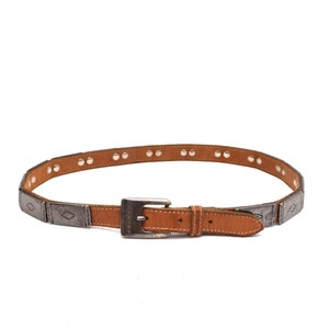 Vintage 90&#39;s Brown Thin Leather Belt with Metal Sections and Diamond Patterns