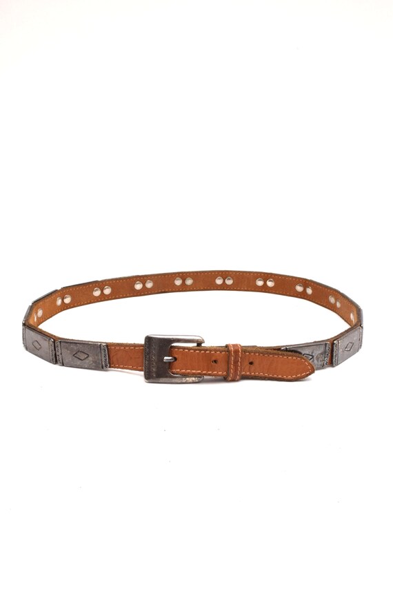 Vintage 90's Brown Thin Leather Belt with Metal S… - image 2
