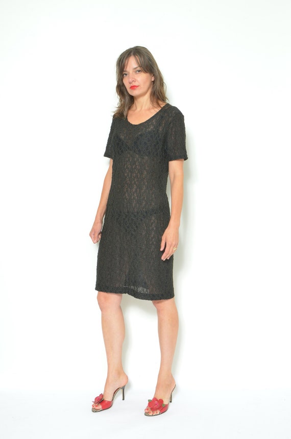 トップス vintage Black sheer lace top mini dress 90s Vintage Lace Mini Dress: Sheer Black Floral, XL/XXL - Etsy