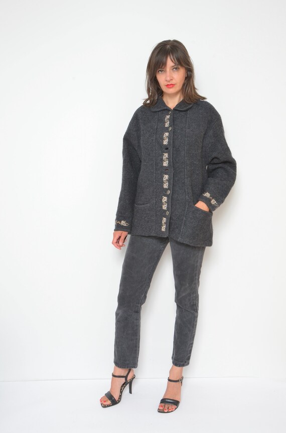 Wool Button Cardigan / Vintage 80s Embroidered Au… - image 3