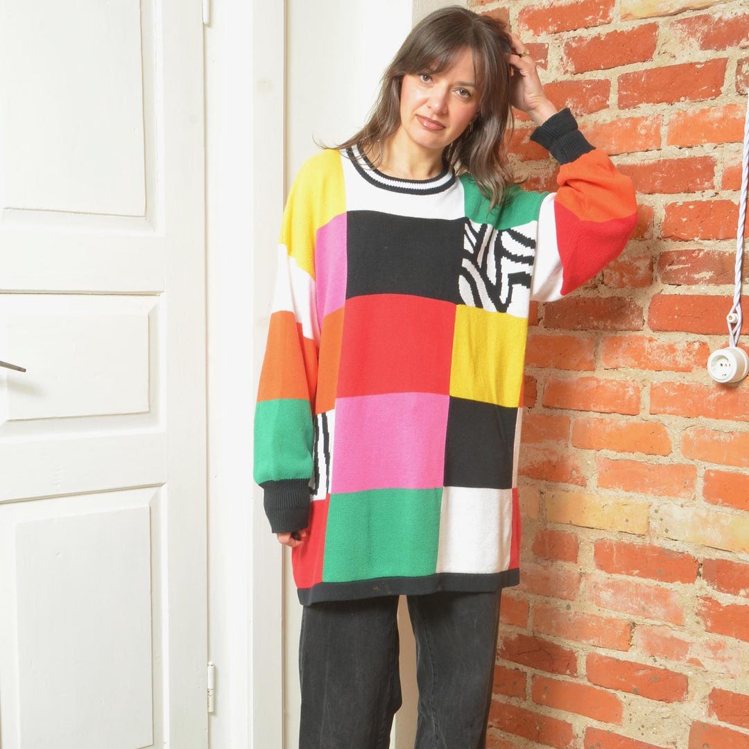 Vintage 90s Colorblock Patchwork Sweater – Oversized Graphic Knit ...