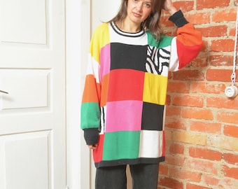 Vintage 90s Colorblock Patchwork Sweater – Oversized Graphic Knit – Women’s M/L