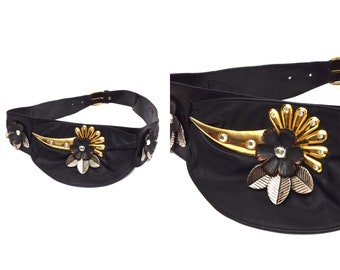 Vintage 90's Wide Black Leather Belt with Large Metal Flower Ornaments and Rhinestones