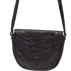 Vintage 90&#39;s Black Real Leather Crocodile Texture Shoulder Bag Purse