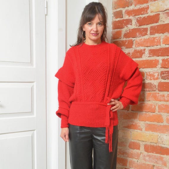 Vintage 80s Red Wool Knit Sweater Layered Sleeve Belted Jumper Small Medium