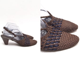 Vintage 90's Brown Woven Italian Leather Slingback Sandals with Buckles and Black Woven Fabric Stripes (Made in Italy)