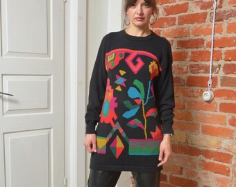 Vintage 80s Black Knit Sweater with Colorful Geometric Floral Pattern, Size Large