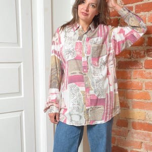 Vintage 90s Abstract Cotton Button-Up Shirt – Size Medium, Long Sleeve Unisex Blouse, Earthy Pink Neutral Print