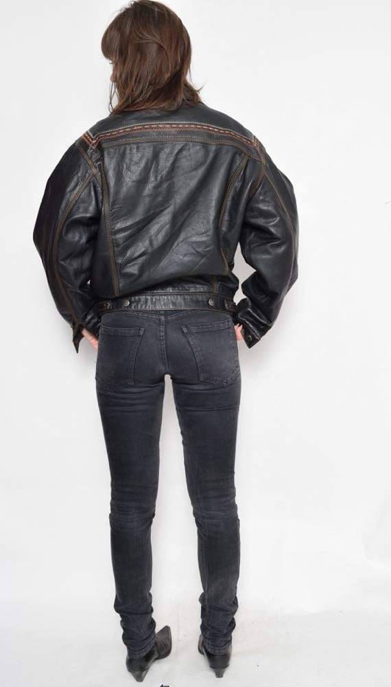 ジャケット・アウター 90s   jeans leather jacket Vintage 90s Black Leather Jacket: Embroidered Genuine Leather