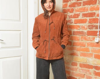 Vintage 70s  Brown Corduroy Hooded Jacket – Zip Up Utility Jacket – Women’s Medium