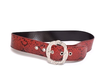 Vintage red leather gold hardware waist belt western art deco boho snake Small Vintage Red Leather Gold Hardware Waist Belt Western Art  main image 3