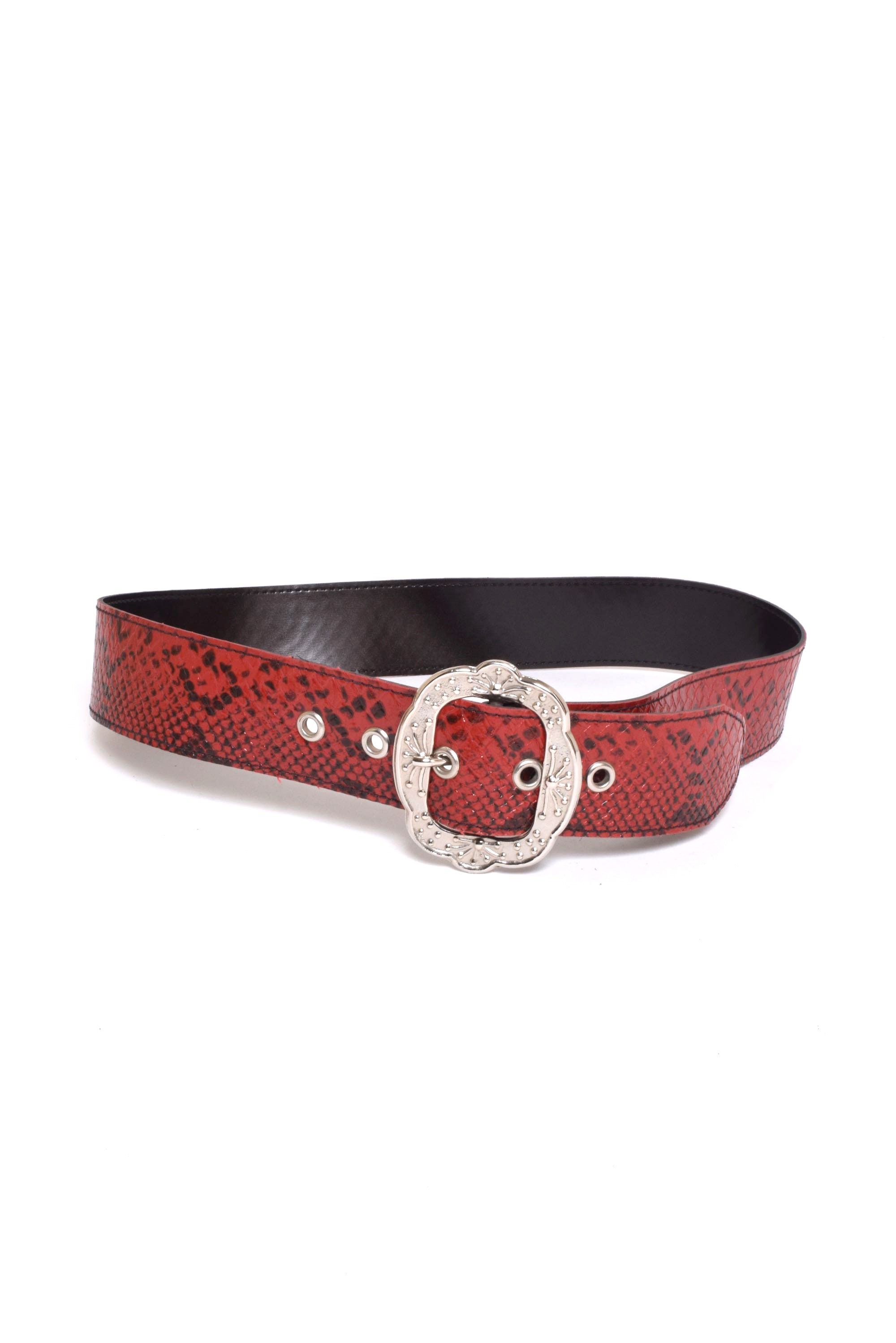 Vintage 90's Red Snakeskin Belt With Ornate Western Style Silver