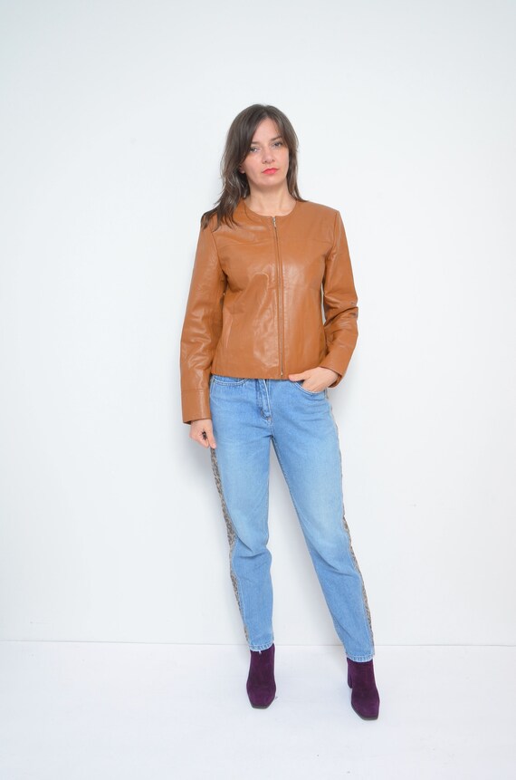Vintage Brown Leather Cropped Jacket - 2000s Genuine Leather 