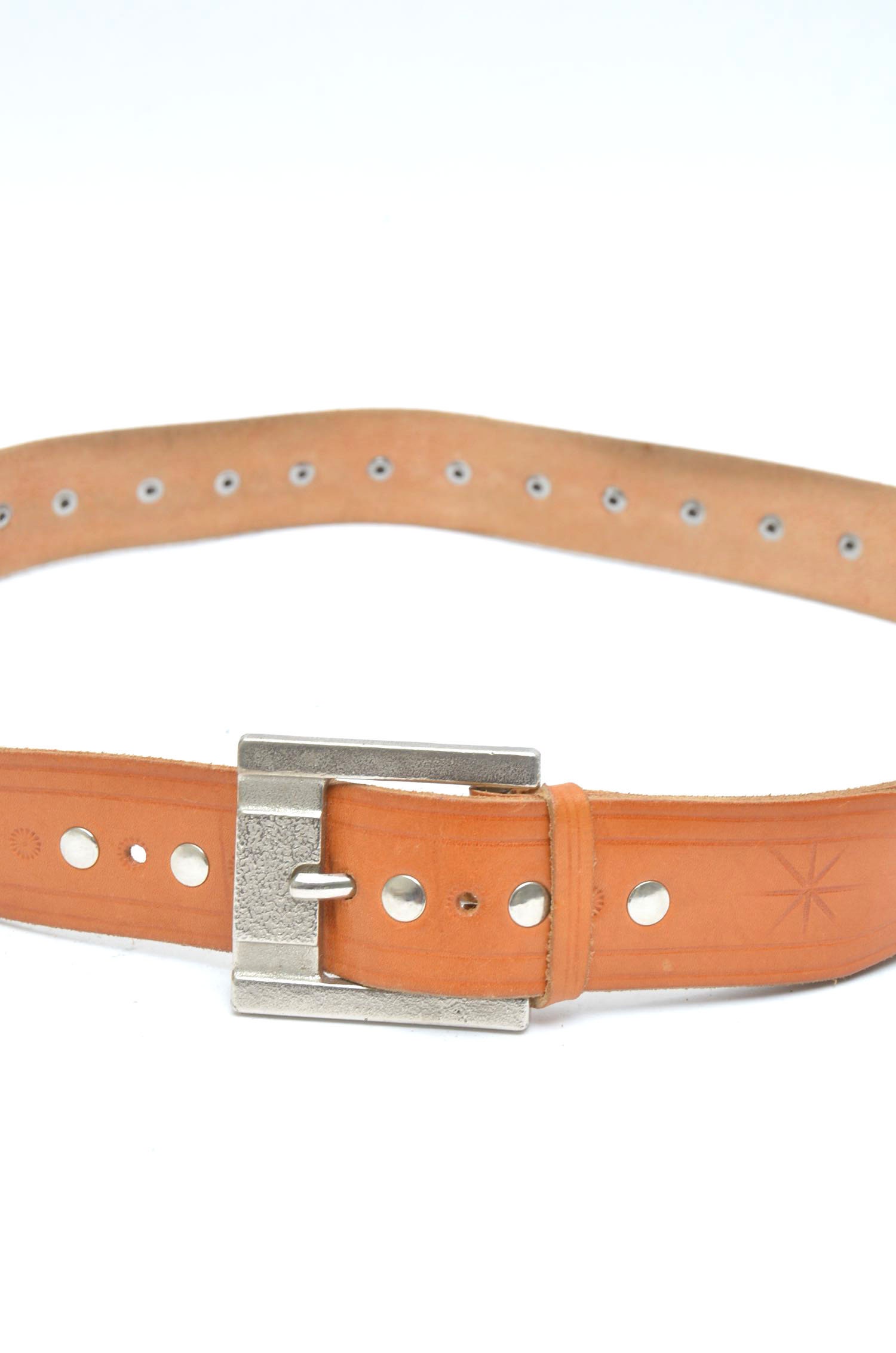 Vintage Brown Leather Western Style Belt With Square Silver 