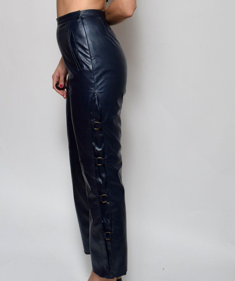 Vintage 90's High Waisted Navy Blue Faux Leather Pants | Etsy